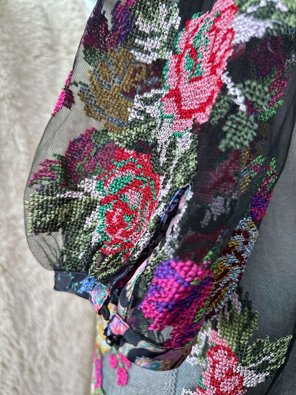 Anna Sui Sheer Black Floral Beaded Blouse with Ribbon Tie - Picture 14 of 15